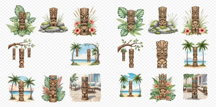 Watercolor collection of Hawaiian Tiki masks and totems with tropical leaves, flowers, and beach landscapes.