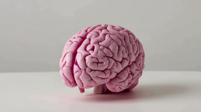 Learning about human brain structure through a close look at a pink brain model that shows different parts and details while using simple language