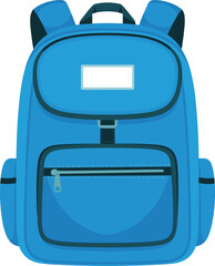 Minimalist blue school backpack vector icon front view with blank label flat design isolated on white