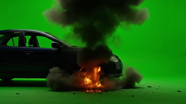 Dramatic car explosion simulation captured against a vivid green screen background, showcasing a vehicle engulfed in flames and smoke for cinematic special effects