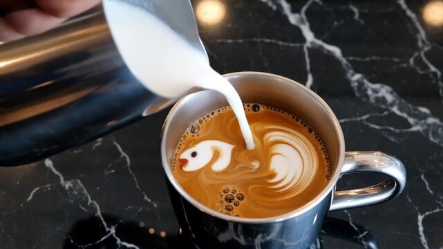 Coffee machine making a cappuccino and espresso hot drink in cafe bar at the morning