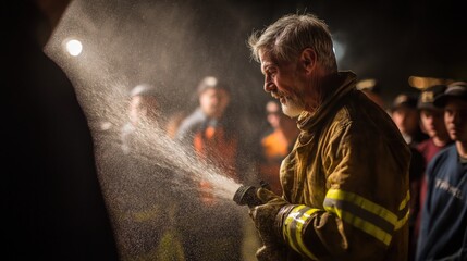 Obraz premium A firefighter sprays water from a hose during a nighttime operation, surrounded by onlookers in the background.