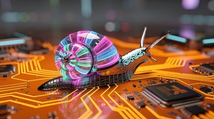 Fototapeta premium A digitally rendered snail with a colorful, translucent shell crawls on a glowing, orange circuit board with visible microchips and electronic pathways.