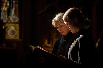 Two women read a book together in a dimly lit, possibly religious or historical, setting with stained glass in the background.