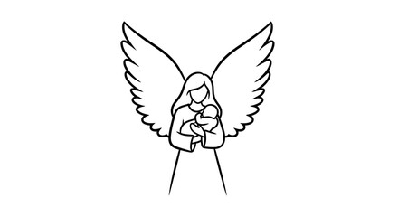 Fototapeta premium Simple Line Drawing of Mother Holding Baby with Angelic Wings.