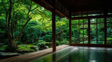 Naklejka na ściany i meble Zen Buddhism, meditation, inner peace, Chinese Japanese Asian tradition. Therapy stress release treatment, health lifestyle. A Japanesestyle room with a wooden floor, large glass windows.