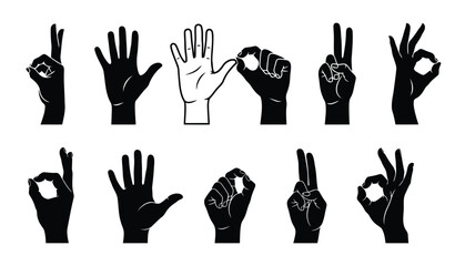 Obraz premium Various hand gestures and signs illustrated in black and white, showcasing different hand positions and configurations