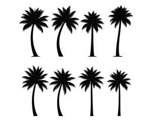 Naklejka premium Eight black palm trees silhouetted against a white background, depicted from a straight-on viewpoint.