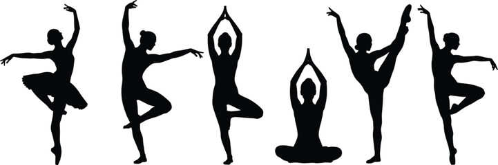 Fototapeta premium Collection of ballerina and yoga silhouette poses showing flexibility, balance and elegance isolated on white background for dance and fitness design