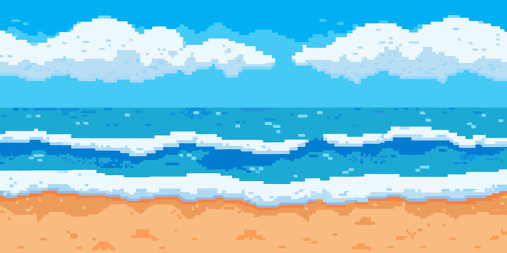 Pixelated seascape featuring a blue ocean sandy beach and fluffy clouds