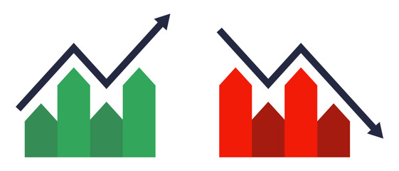 Conjunto de iconos de rendimiento creciente y decreciente. Indicadores de desempeño, análisis de estadísticas, tendencia positiva y negativa, métricas financieras. Ilustración vectorial lineal
