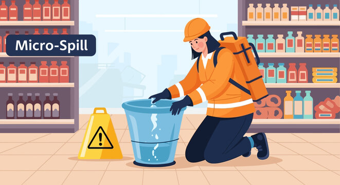 Worker Cleaning Chemical Spill Wearing Protective Gear.