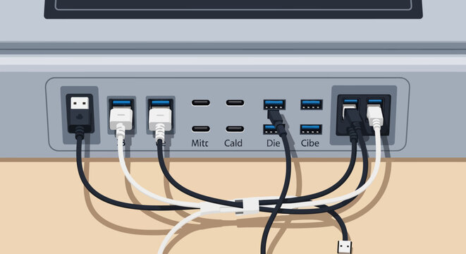 Multiple Cables Connected to Computer Ports.