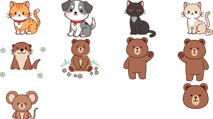 Fototapeta premium Cute Cartoon Pet and Forest Animals Collection with Cat, Dog, Bear, Otter and Mouse Vector Illustration Set