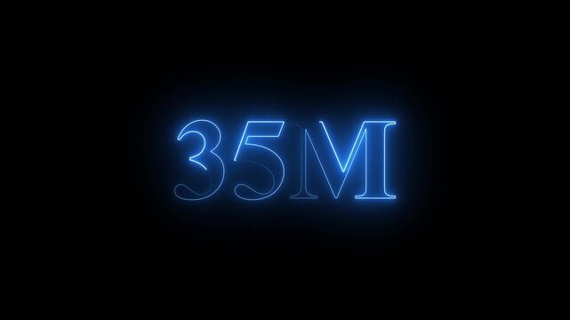 Neon glowing blue color 35 million number text icon animation views followers or subscribers and like comment letter celebration social media on black background. 4k animation.