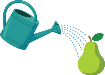 Obraz premium Minimalist watering can and pear vector icon teal can pouring water on green fruit flat design isolated on white