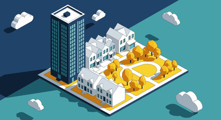 Isometric 3D Model of Modern Buildings and Trees.