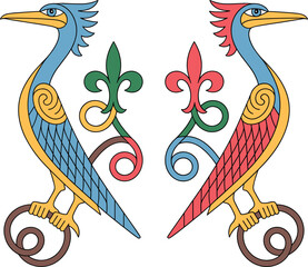 Heraldic bird emblem illustration, medieval decorative crest with fleur de lis ornament colorful symmetrical vector design © SreeMoti