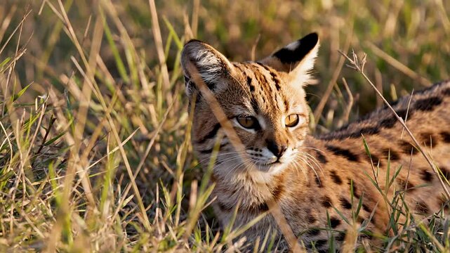 Serval Cat Peeking Through Tall Grass in African Savanna
