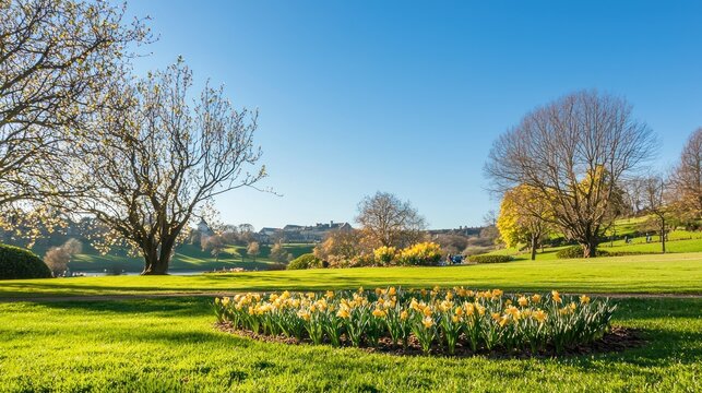 A peaceful early spring scene with flowers like crocuses and daffodils beginning to bloom under a clear blue sky.
