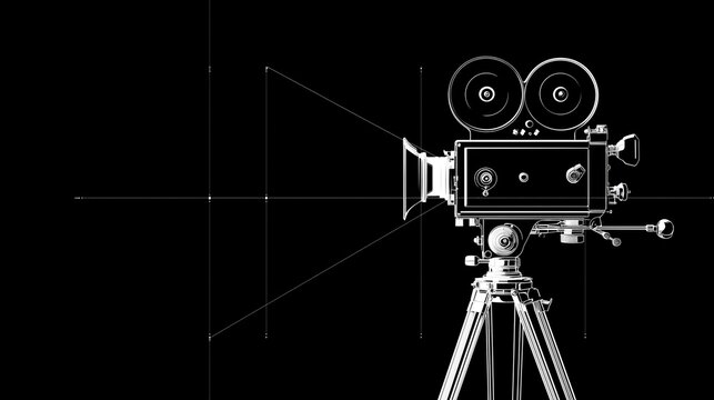 Storytelling concept with a vintage film camera on a tripod, black and white line art, cinematic vision, content marketing, creative process, media production, communication, entertainment industry, r