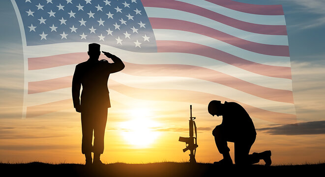 Silhouettes of a proud soldier saluting and a kneeling comrade in solemn honor