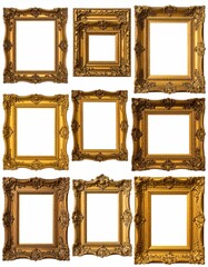 Set of picture frames isolated on white background antique carved gold 