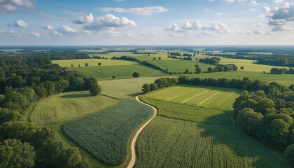 Obraz premium Aerial View of Lush Green Farmland Under Blue Sky
