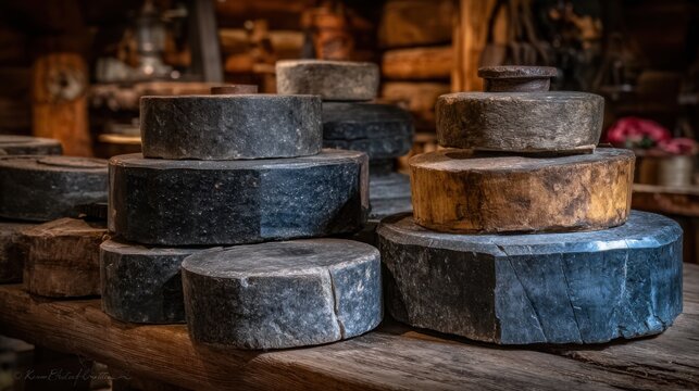 Collection of large heavy antique millstones stacked in a rustic workshop displaying ancient grinding tools