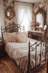 A vintage-inspired bedroom features an ornate wrought-iron bed with pastel bedding and lace details. Antique furniture and floral wallpaper glow in filtered natural light through sheer curtains.