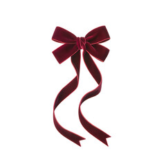 A burgundy velvet ribbon bow with long tails on a white background