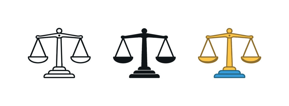 Economic Balance Trio. Economic equilibrium concept represented by a classic balance scale with two equal pans and central beam