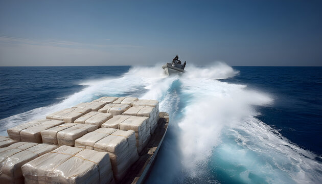 Large wrapped bundles being transported by speedboat across international seas, the idea of drug trafficking, drugs smuggling, maritime security, and law enforcement