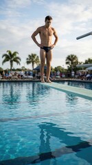 Man standing on diving board above swimming pool. Athletic body in swim briefs. Outdoor pool scene with spectators. Daylight competition moment