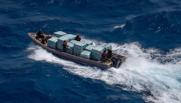 Large wrapped bundles being transported by speedboat across international seas, the idea of drug trafficking, drugs smuggling, maritime security, and law enforcement