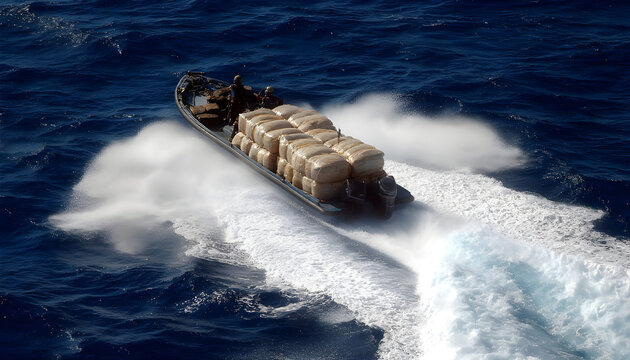 Large wrapped bundles being transported by speedboat across international seas, the idea of drug trafficking, drugs smuggling, maritime security, and law enforcement