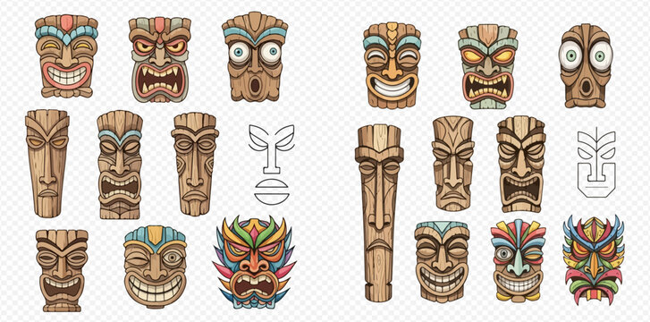 Set of various traditional tiki masks and totems with different expressions and colors.