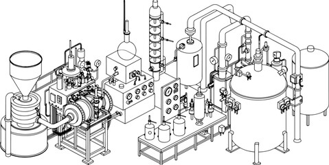 Pharma Manufacturing Factory Line Art Vector Showing Pharmaceutical Machines, Laboratory Instruments, Drug Production Process, Medical Industry Automation and Chemical Engineering System