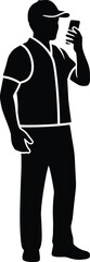 Man in cap holding smartphone vector silhouette