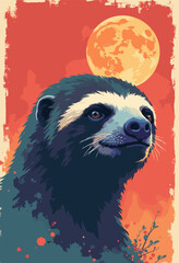 Fototapeta premium Sloth portrait, rendered soft, airbrushed textures but hard outlines eyes are looking towards visionary future Poster style Room slogan bottom