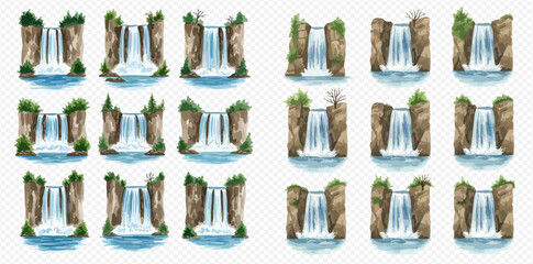 Set of watercolor waterfalls with rocks and green plants, isolated on transparent background. © studio