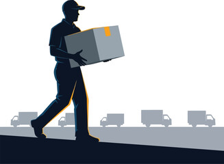 Delivery man carrying box with trucks