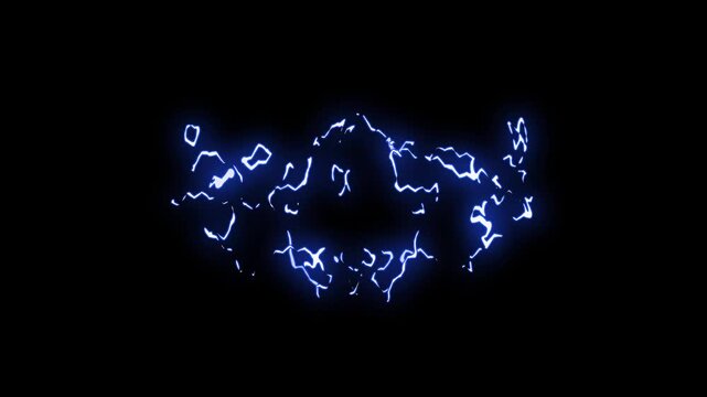 Electric storm lightning strike overlay FX on black screen background with dramatic blue thunder flash and glowing energy beam lines, realistic seamless loop animation in 4k
