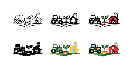 Precision farming icon featuring a tractor, plant seedling, irrigation droplet, and barn, representing smart agriculture