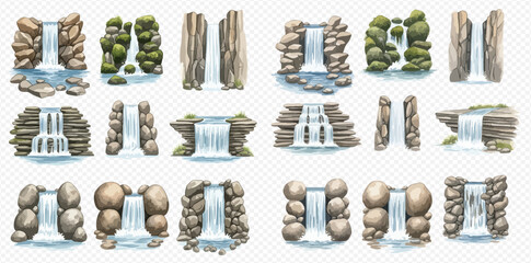 Set of cartoon waterfalls and cascades with rocks and stones, natural water streams flowing down. © studio