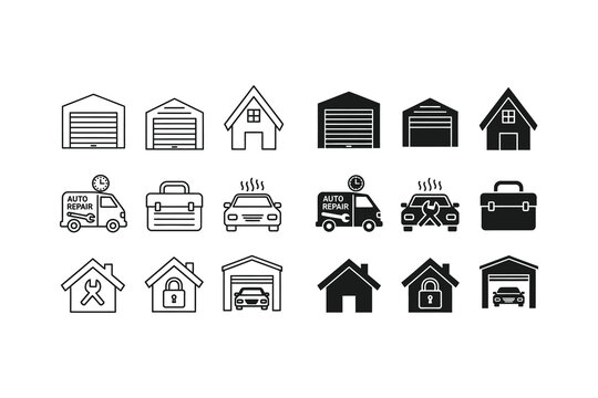 Assorted icons depicting various types of garages and vehicles in black and white
