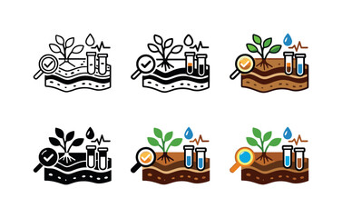 Soil Health Icons Grid. Soil health icon showing stylized soil layers, plants, test tubes, and measurement symbols representing