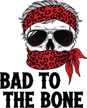 Skull with red leopard bandana and sunglasses, bold biker tattoo style illustration, edgy black and white graphic design
