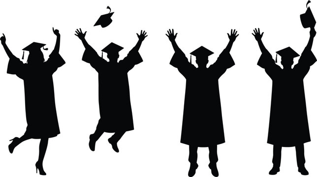 Silhouette of Happy Graduates Celebrating Convocation Ceremony Jumping and Throwing Caps in Air for Education Achievement Success and University Graduation Concept Isolated on White