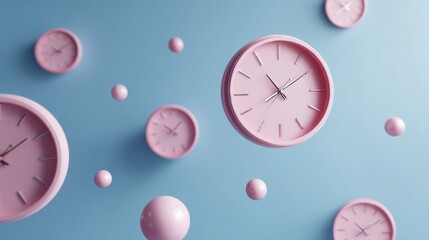 Pale pink clocks float against a light blue backdrop with matching spherical shapes